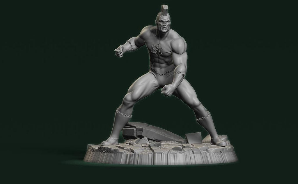 A 3D rendering of a muscular, bald, and battle-ready figure standing on a rocky base against a dark green background.