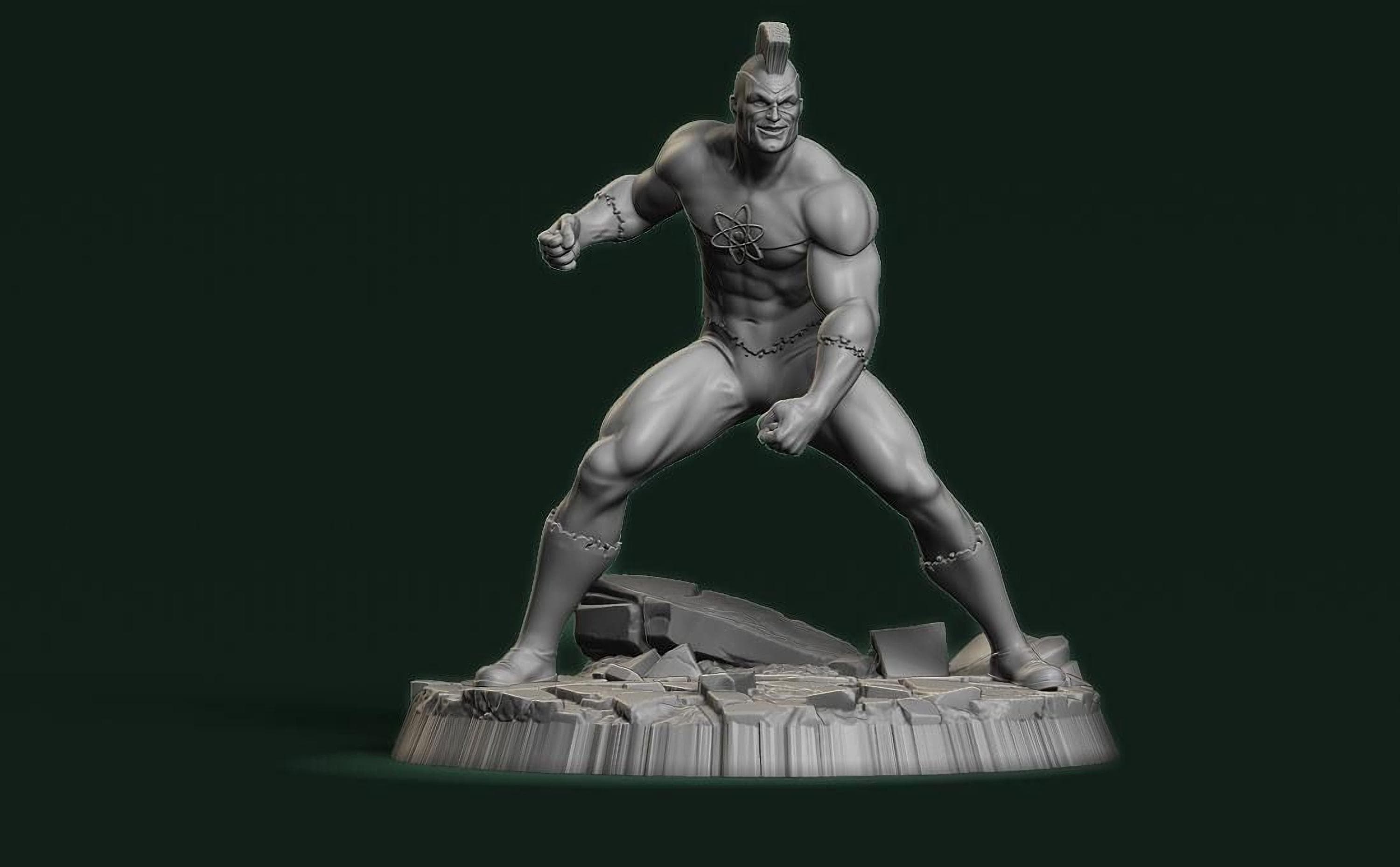 A 3D rendering of a muscular, bald, and battle-ready figure standing on a rocky base against a dark green background.